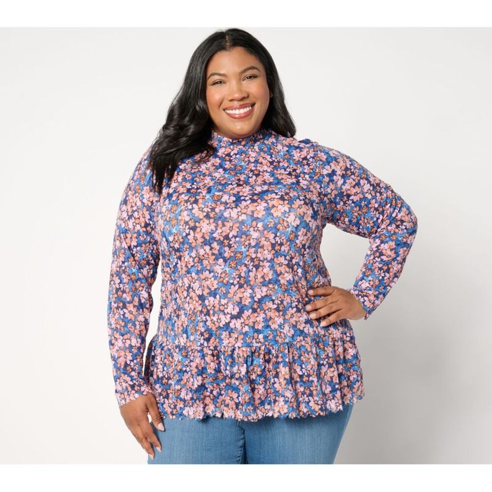Farmers Defense Women's Top Sz M Floral Print Lace Mock Multi-colored